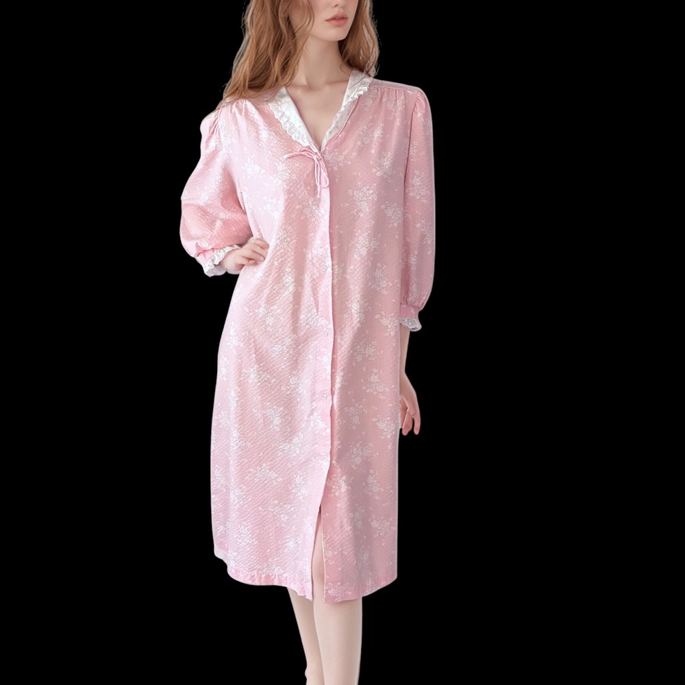 Vintage 80s Pink‎ Cottagecore Granny Nightie with Ruffle Trim Size M